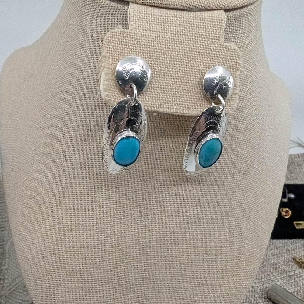 Vintage Handmade Sterling Silver Turquoise Stud Earrings | Florida Keys | 1.75” - Picture 6 of 16